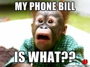 Shocked orangutan reacting to phone bill meme.